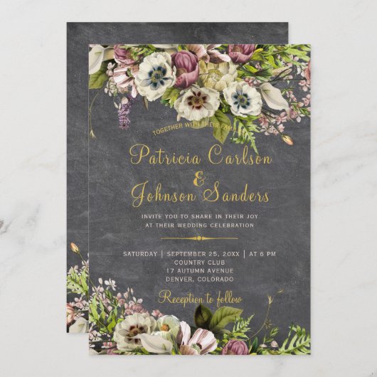 Rustieke bloemen goud grijs krijtbord vallen bruil kaart (Voorkant / Achterkant)