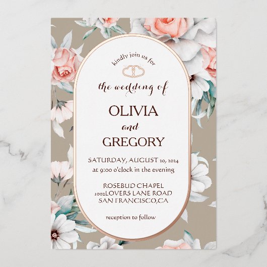 Rustieke Bloemen Goud Ovaal Lijst bruiloft Folie Uitnodiging (Voorkant)