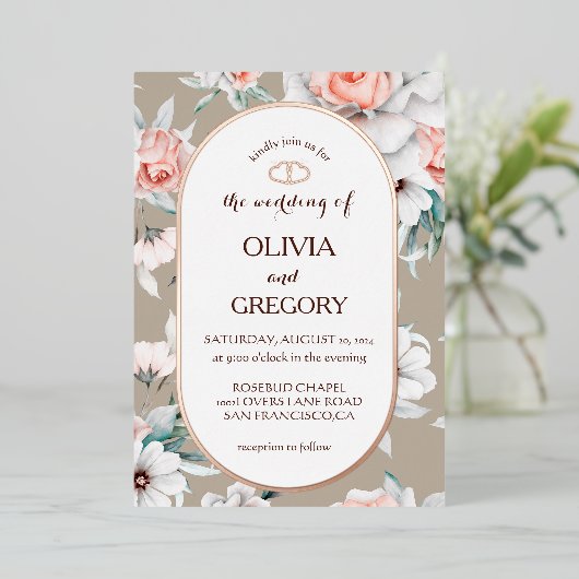 Rustieke Bloemen Goud Ovaal Lijst bruiloft Folie Uitnodiging (Staand Voorkant)