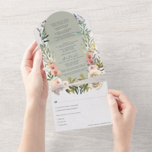 Rustieke Bloemen Groene Salie bruiloft All In One Uitnodiging