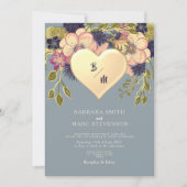 Rustieke Bloemen Hart Goud Stoffig Blauw Huwelijks Kaart (Voorkant)