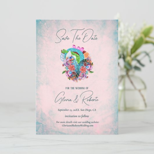 Rustieke Bloemen Hart Mexicaanse Bruiloft Save the Kaart (Staand voorkant)
