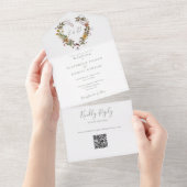 Rustieke Bloemen Hart QR Code Salie Green Wedding All In One Uitnodiging (Afscheurbaar)