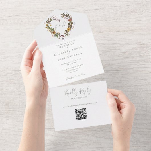 Rustieke Bloemen Hart QR Code Salie Green Wedding All In One Uitnodiging (Afscheurbaar)