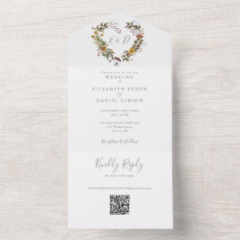 Rustieke Bloemen Hart QR Code Salie Green Wedding All In One Uitnodiging