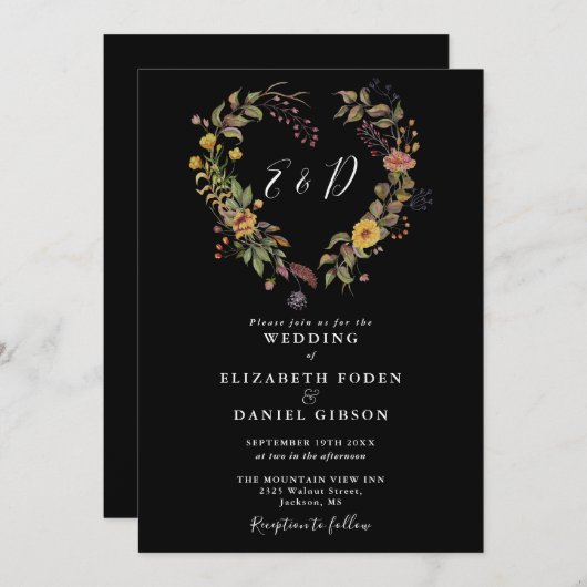 Rustieke Bloemen Hart Zwart-wit bruiloft Kaart (Voorkant / Achterkant)