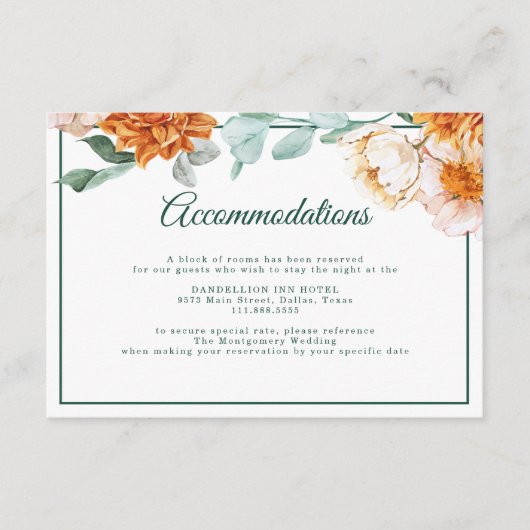 Rustieke Bloemen Herfst Bruiloft Groene Accommodat Informatiekaartje (Voorkant)