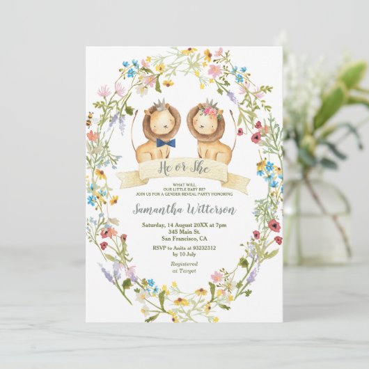 Rustieke bloemen Hij of Zij Leeuw Geslacht Onthull Kaart (Staand voorkant)