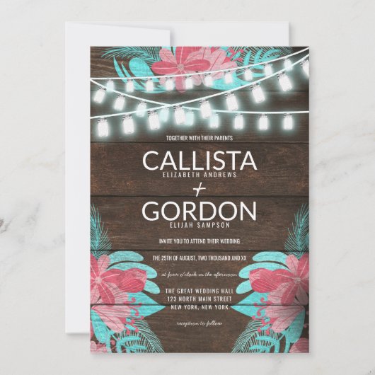 Rustieke Bloemen Hout Mason Jar Lights Wedding Kaart (Voorkant)