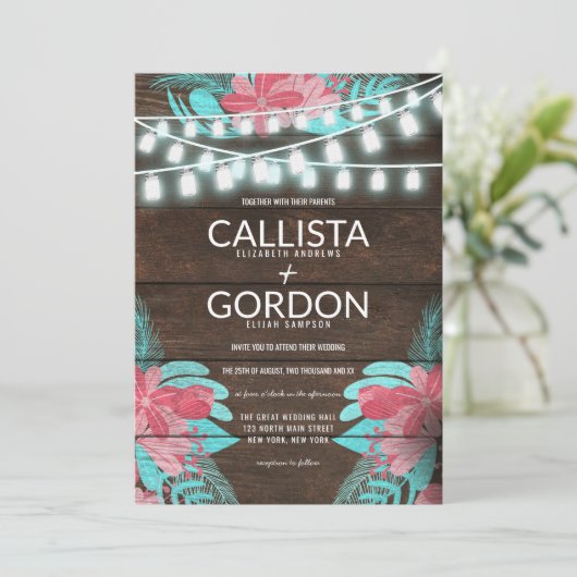 Rustieke Bloemen Hout Mason Jar Lights Wedding Kaart (Staand voorkant)