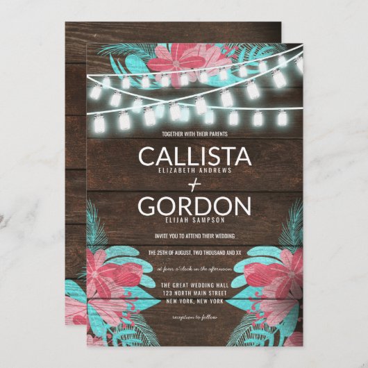 Rustieke Bloemen Hout Mason Jar Lights Wedding Kaart (Voorkant / Achterkant)