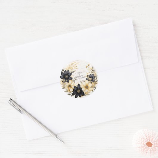 Rustieke Bloemen Huwelijk Zwart Wit Hout Graan Ronde Sticker (Envelop)