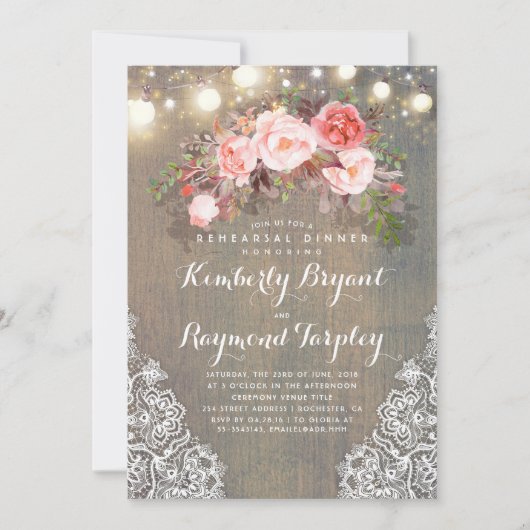 Rustieke Bloemen Kant Lights Hout Repetitie Diner Kaart (Voorkant)