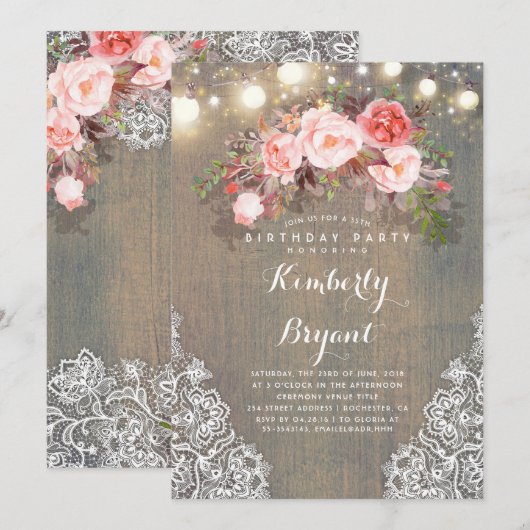 Rustieke Bloemen Kant Lights Hout Verjaardagsfeest Kaart (Voorkant / Achterkant)