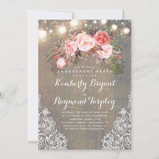 Rustieke Bloemen Kant Lights Wood Engagement Party Kaart (Voorkant)