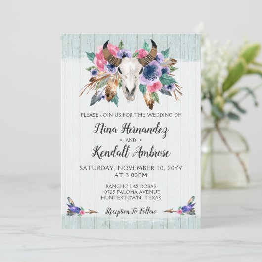 Rustieke Bloemen Koe Schedel Boho bruiloft uitnodi Kaart (Staand voorkant)