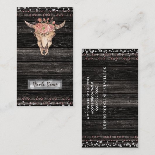 Rustieke Bloemen Koe Schedel Boho Chic Glam Custom Visitekaartje (Voorkant / Achterkant)