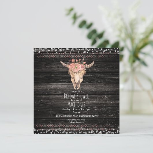 Rustieke Bloemen Koe Schedel Dark Wood Glam Invita Kaart (Staand voorkant)