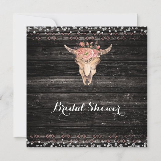 Rustieke Bloemen Koe Schedel Dark Wood Glam Invita Kaart (Achterkant)