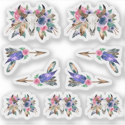 Rustieke Bloemen Koe Schedel Waterverf Boho Arrows Sticker (Voorkant)