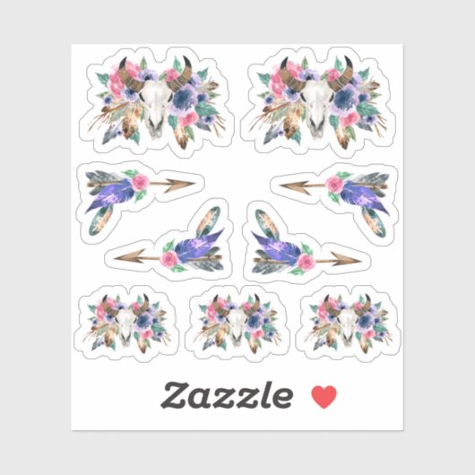Rustieke Bloemen Koe Schedel Waterverf Boho Arrows Sticker (Vel)