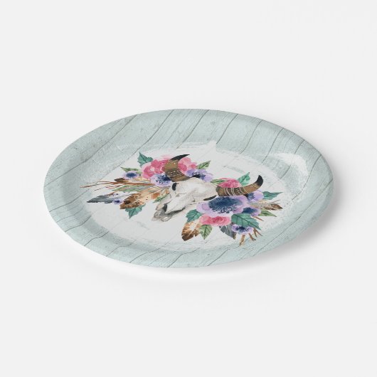 Rustieke Bloemen Koe Schedel Waterverf Boho Bruilo Papieren Bordje (Gekanteld)