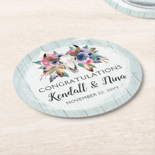 Rustieke Bloemen Koe Schedel Waterverf Boho Bruilo Ronde Kartonnen Onderzetter (Gebogen)