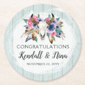 Rustieke Bloemen Koe Schedel Waterverf Boho Bruilo Ronde Kartonnen Onderzetter (Voorkant)