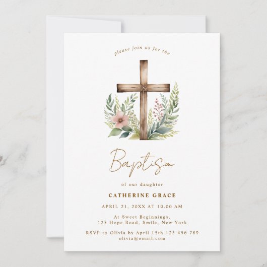 Rustieke Bloemen Kruis Doop & Doop Kaart (Voorkant)