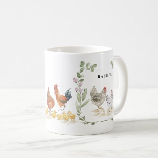 Rustieke Bloemen Leuke Kip Monogram Naam Mok (Voorkant rechts)