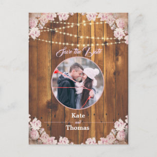 Rustieke Bloemen Lichte String Hout Save the Date Aankondigingskaart