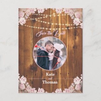 Rustieke Bloemen Lichte String Hout Save the Date Aankondigingskaart