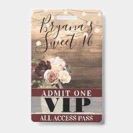 Rustieke Bloemen & Lichtslingers Sweet 16 VIP Pas Badge