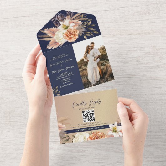 Rustieke Bloemen Marine Blauwe Huwelijk All In One Uitnodiging (Afscheurbaar)