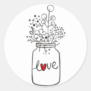 Rustieke Bloemen Mason Jar Bloem Zwart Wit Bruilof Ronde Sticker
