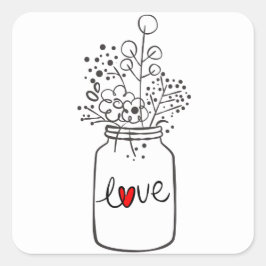 Rustieke Bloemen Mason Jar Bloem Zwart Wit Bruilof Vierkante Sticker