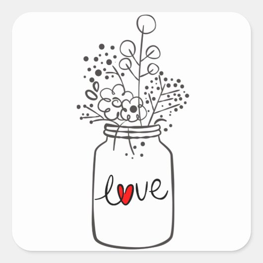 Rustieke Bloemen Mason Jar Bloem Zwart Wit Bruilof Vierkante Sticker (Voorkant)