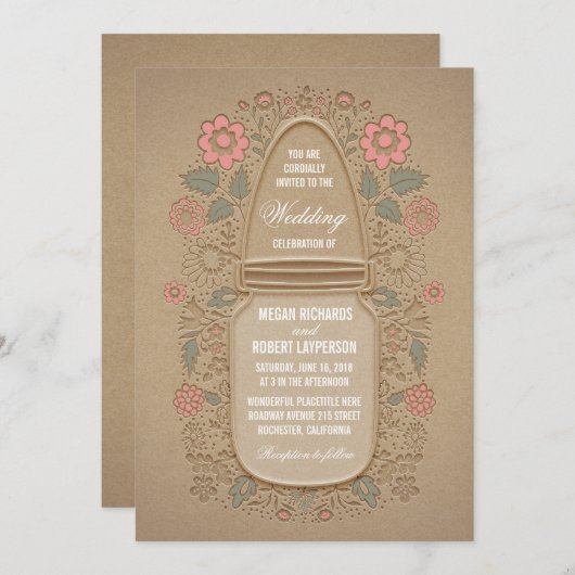 Rustieke Bloemen Mason Jar Bruiloft Kaart (Voorkant / Achterkant)