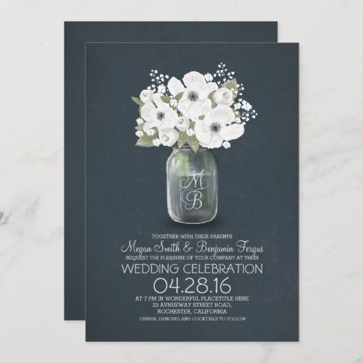Rustieke Bloemen Mason Jar bruiloft uitnodiging (Voorkant / Achterkant)