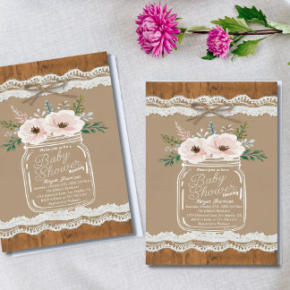 Rustieke Bloemen Mason Jar Lace & Twine Baby showe Kaart