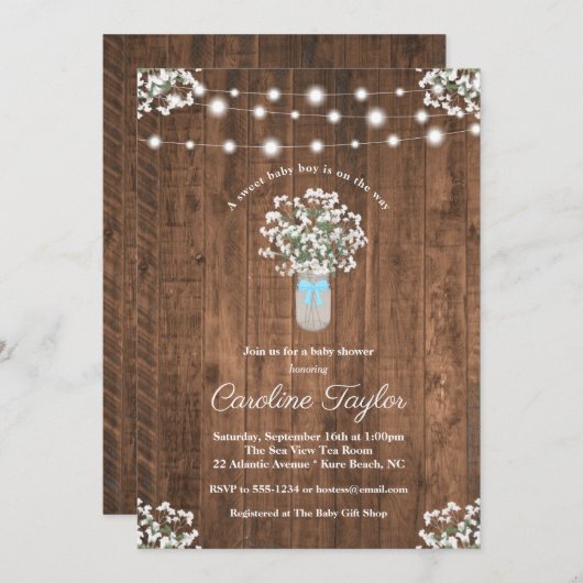 Rustieke Bloemen Mason Jar Lights Baby Boy Shower Kaart (Voorkant / Achterkant)