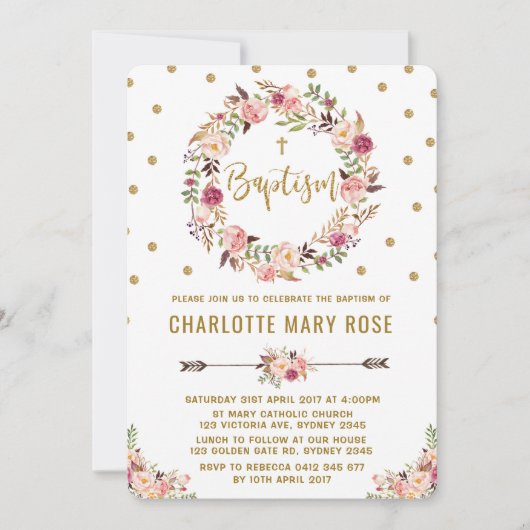 Rustieke Bloemen Meisje Doopsel Uitnodiging (Voorkant)