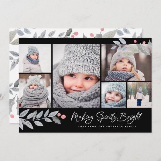 Rustieke Bloemen Merry Bright Multi-Photo Collage Feestdagenkaart (Voorkant / Achterkant)