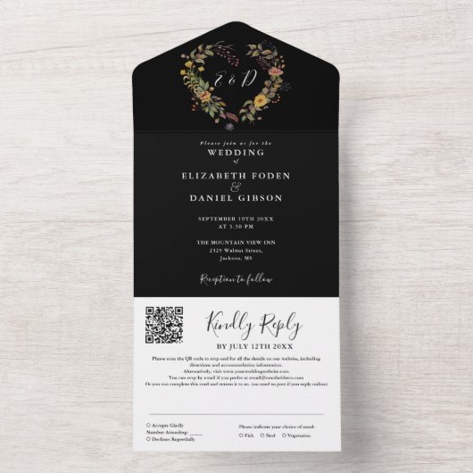 Rustieke Bloemen Moderne QR Code Huwelijk All In One Uitnodiging (Binnen)