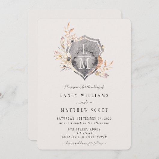 Rustieke Bloemen Monogram Crest Bruiloft Kaart (Voorkant / Achterkant)