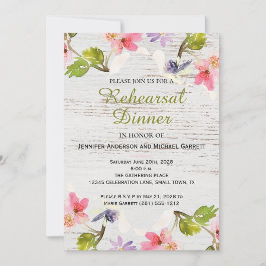 Rustieke bloemen op wit hout repetitie diner kaart (Voorkant)