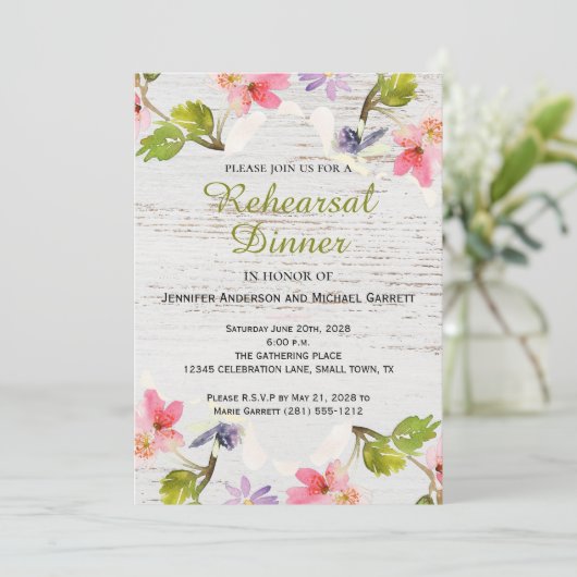 Rustieke bloemen op wit hout repetitie diner kaart (Staand voorkant)