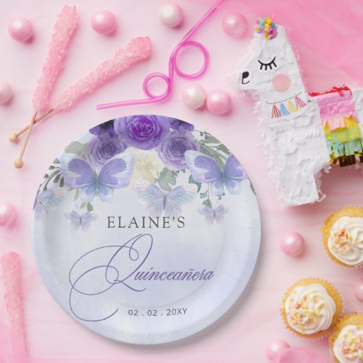Rustieke Bloemen Paarse Lila Vlinders Quinceanera Papieren Bordje (Feest)