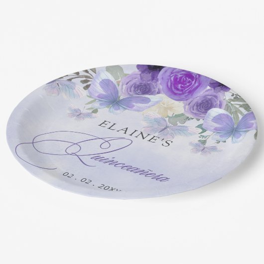 Rustieke Bloemen Paarse Lila Vlinders Quinceanera Papieren Bordje (Gekanteld)