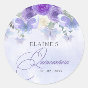 Rustieke Bloemen Paarse Lila Vlinders Quinceanera Ronde Sticker